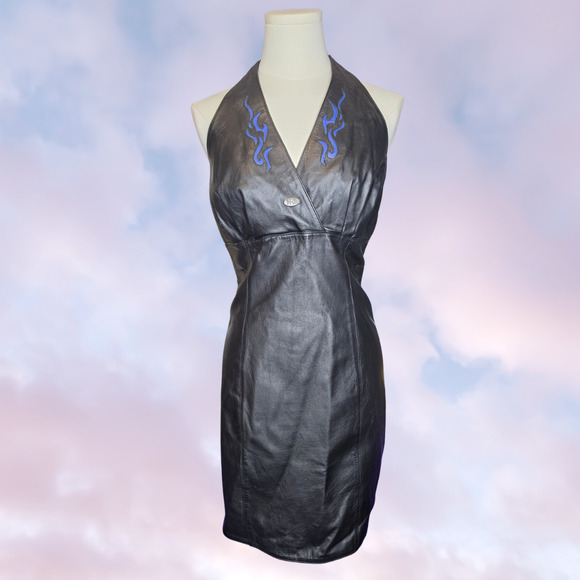 Harley Davidson Dresses & Skirts - Vtg Harley Davidson Black Leather Halter Biker Punk Blue Flame Mini Dress 10